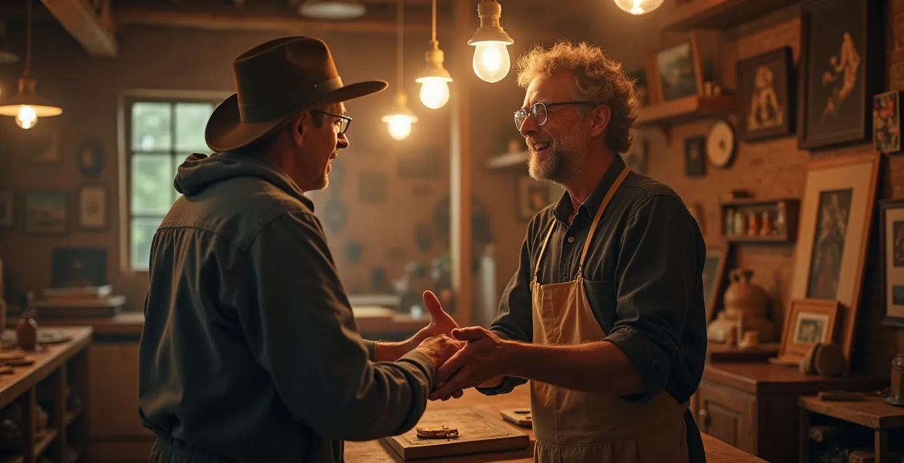 Conversation conviviale entre un voyageur et un artisan dans un atelier authentique, échange de connaissances et respect mutuel