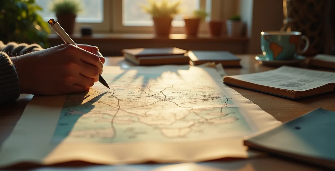 Personne en train de créer une carte mentale inversée avec différentes passions et émotions, entourée de carnets de voyage