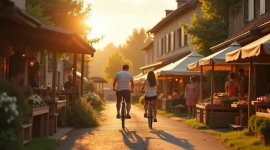 Paysage rural français avec voyageurs à vélo et producteurs locaux interagissant