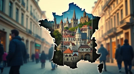 Une image symbolisant la complexité et la diversité des identités touristiques dans les nouvelles grandes régions françaises, avec des symboles emblématiques tels que des cartes régionales fragmentées, des monuments historiques divers et des touristes discutant entre différentes régions.