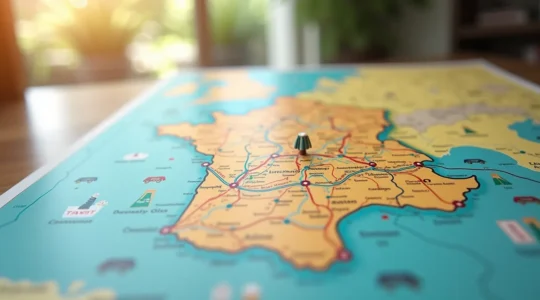 Carte stylisée de la France avec des routes thématiques illustrées par des icônes symboliques de gastronomie, histoire, nature et artisanat