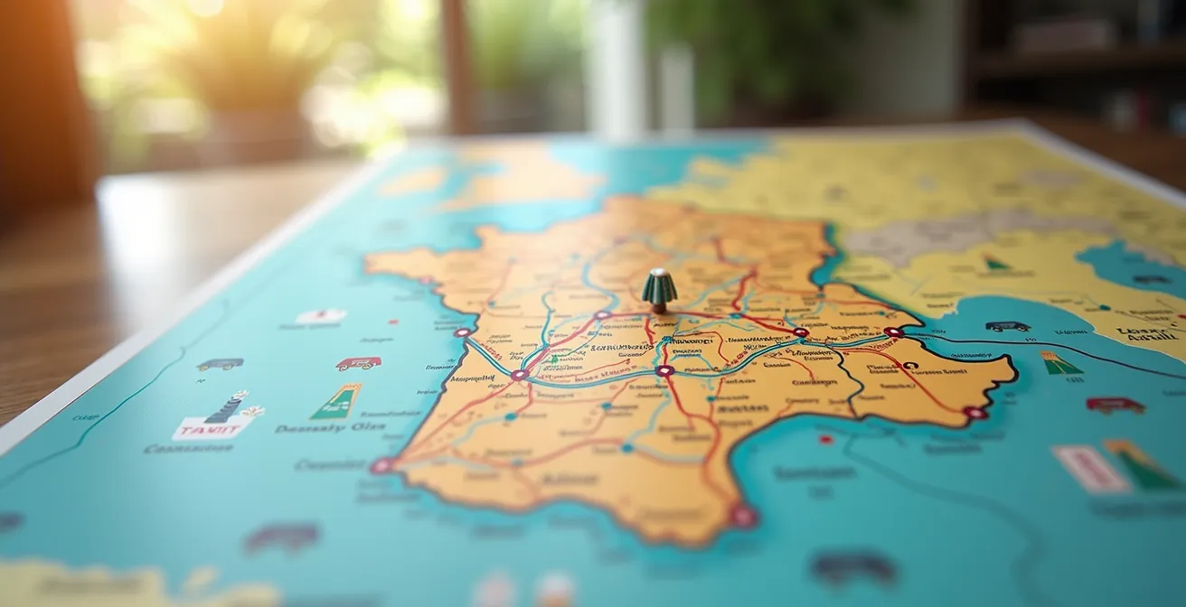 Carte stylisée de la France avec des routes thématiques illustrées par des icônes symboliques de gastronomie, histoire, nature et artisanat