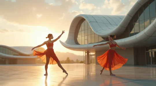 Danseurs de ballet contemporain en interaction avec une architecture urbaine moderne et impressionnante, symbolisant la fusion de la danse et de l'espace urbain