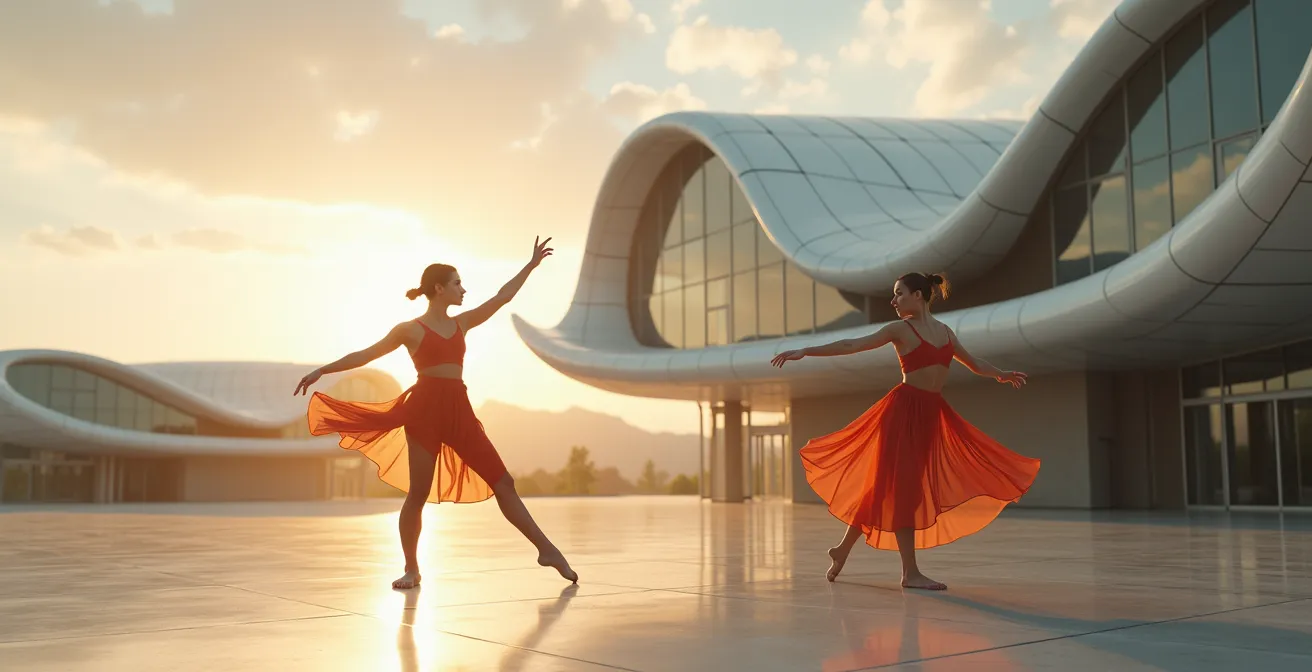 Danseurs de ballet contemporain en interaction avec une architecture urbaine moderne et impressionnante, symbolisant la fusion de la danse et de l'espace urbain