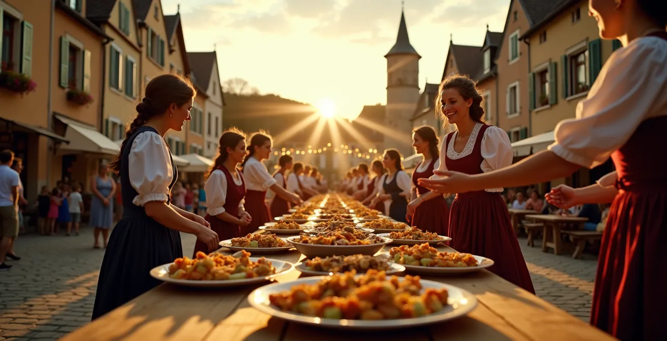 Foule joyeuse dans une fête de village au crépuscule, avec décor traditionnel et ambiance conviviale