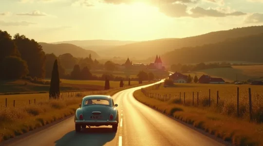 Voiture en chemin sur une route secondaire sinueuse à travers des paysages variés de France, mêlant campagne, villages pittoresques et monuments historiques