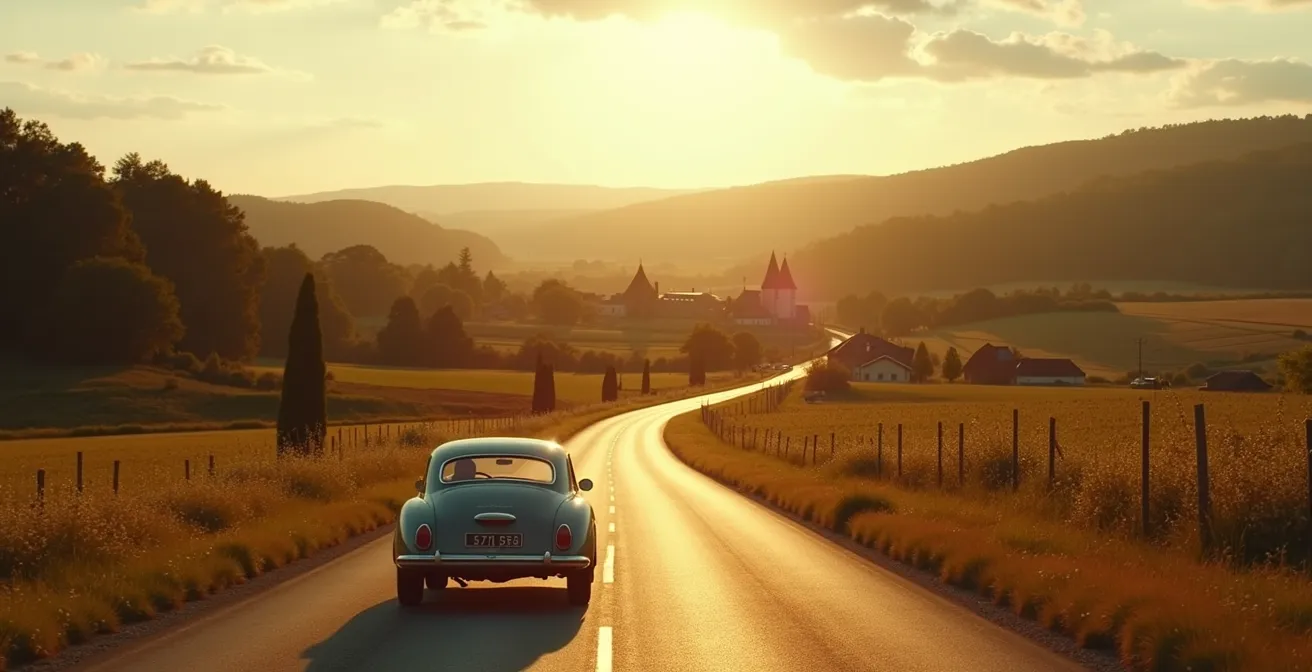 Voiture en chemin sur une route secondaire sinueuse à travers des paysages variés de France, mêlant campagne, villages pittoresques et monuments historiques