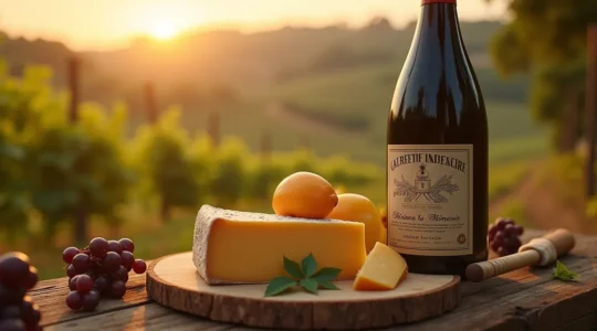 Illustration symbolique représentant un produit gastronomique français labellisé AOP avec des éléments évoquant le terroir, l'histoire et la diplomatie gustative française