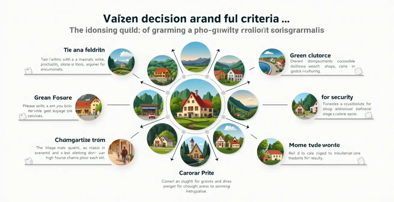 Infographie illustrant les 7 critères de choix d'un village périurbain avec des pictogrammes représentant les transports, les services, la nature, la sécurité, l'économie locale, le budget et la saisonnalité
