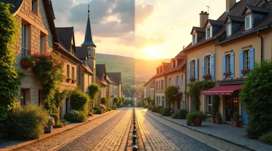 Vue panoramique combinant un village médiéval pittoresque au premier plan avec une métropole moderne en arrière-plan, symbolisant l'harmonie entre patrimoine rural et dynamisme urbain