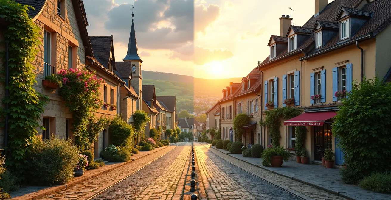 Vue panoramique combinant un village médiéval pittoresque au premier plan avec une métropole moderne en arrière-plan, symbolisant l'harmonie entre patrimoine rural et dynamisme urbain