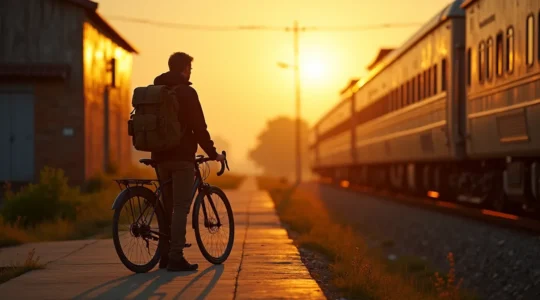 Personne avec sac à dos et vélo devant un train TER en campagne française