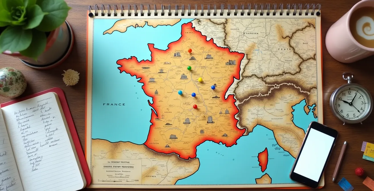 Carte de France avec marqueurs indiquant les étapes d'un itinéraire culturel
