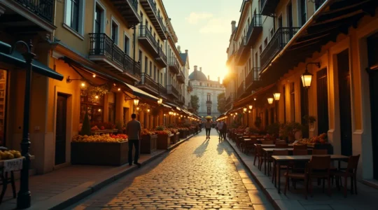 Vue symbolique d'un quartier historique français montrant la transformation des ambiances au fil des heures