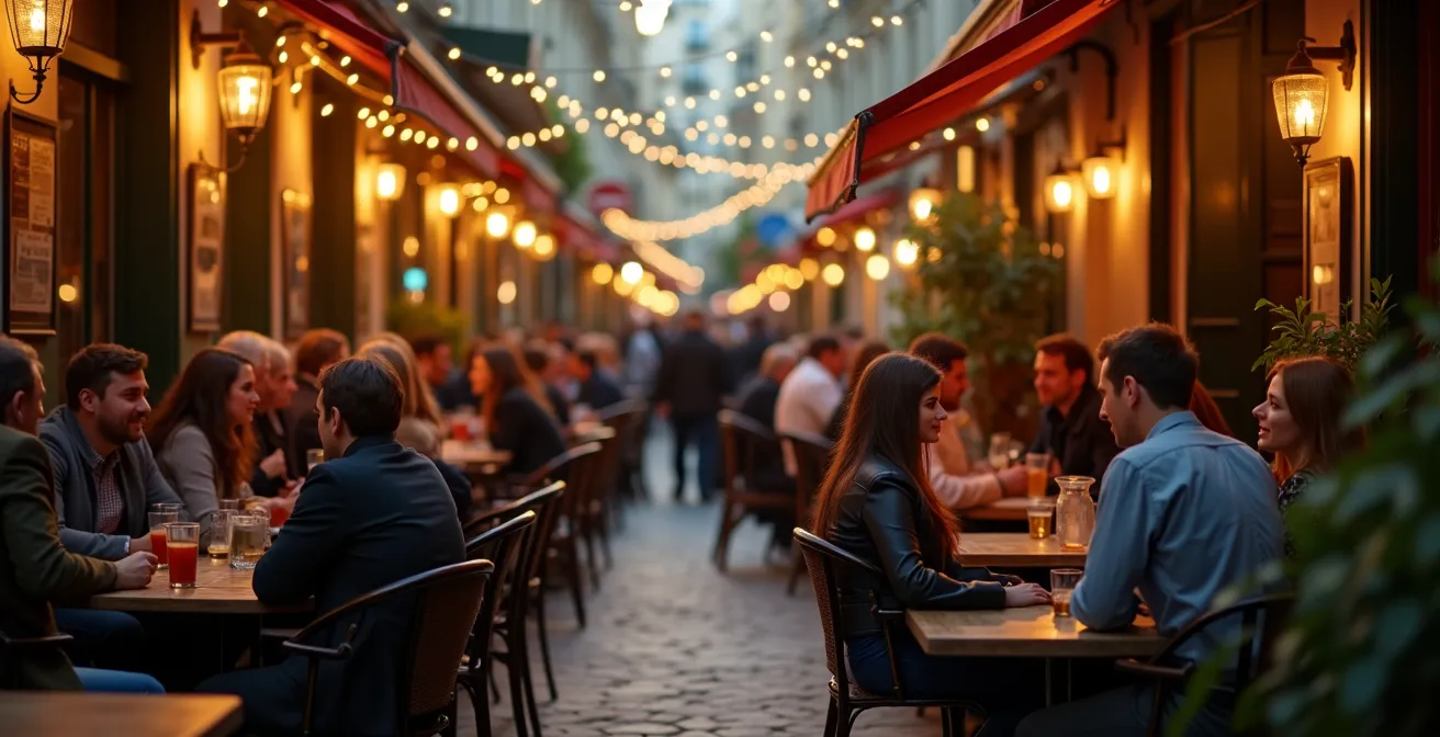 Terrasse animée à l'heure de l'apéritif dans le quartier du Marais à Paris
