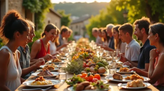 Table de fête française avec des plats traditionnels régionaux et des convives réunis dans une ambiance chaleureuse