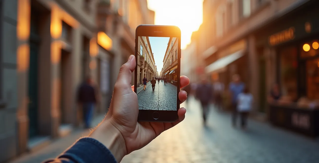 Main tenant un smartphone affichant une application de réalité augmentée pour découvrir des expériences culturelles cachées en milieu urbain