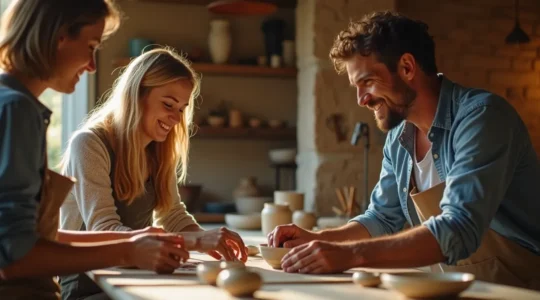Un voyageur participant activement à un atelier d'artisanat traditionnel en France, entouré d'artisans locaux dans un cadre authentique