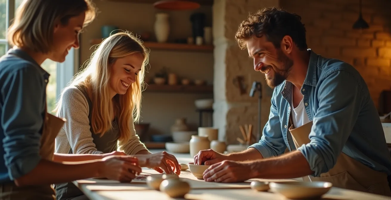Un voyageur participant activement à un atelier d'artisanat traditionnel en France, entouré d'artisans locaux dans un cadre authentique