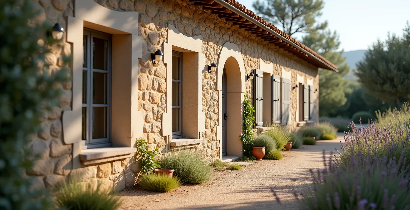 Vue latérale d'un mas provençal traditionnel montrant l'orientation et les ouvertures adaptées au climat méditerranéen