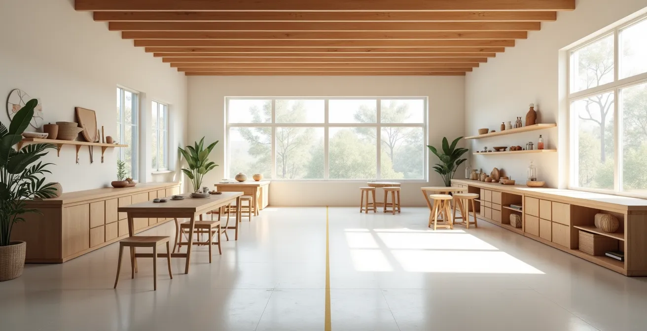 Vue large d'un atelier d'artisan aménagé pour accueillir des visiteurs avec zones délimitées et espace de travail préservé