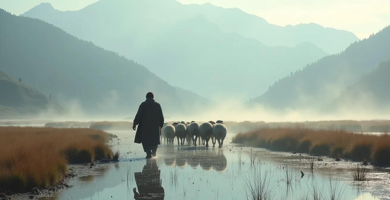 Berger guidant son troupeau dans les pozzines d'altitude, prairies humides caractéristiques de la montagne corse
