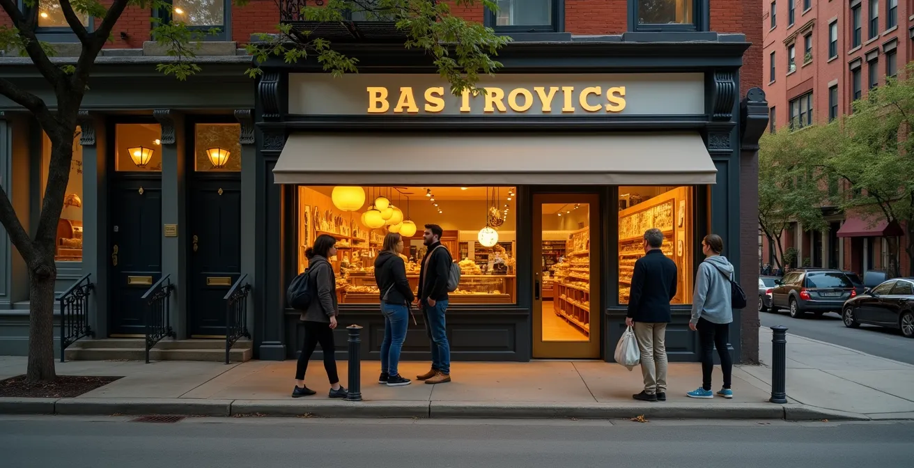 Vue large d'une boulangerie française animée dans une rue de Brooklyn avec des clients faisant la queue
