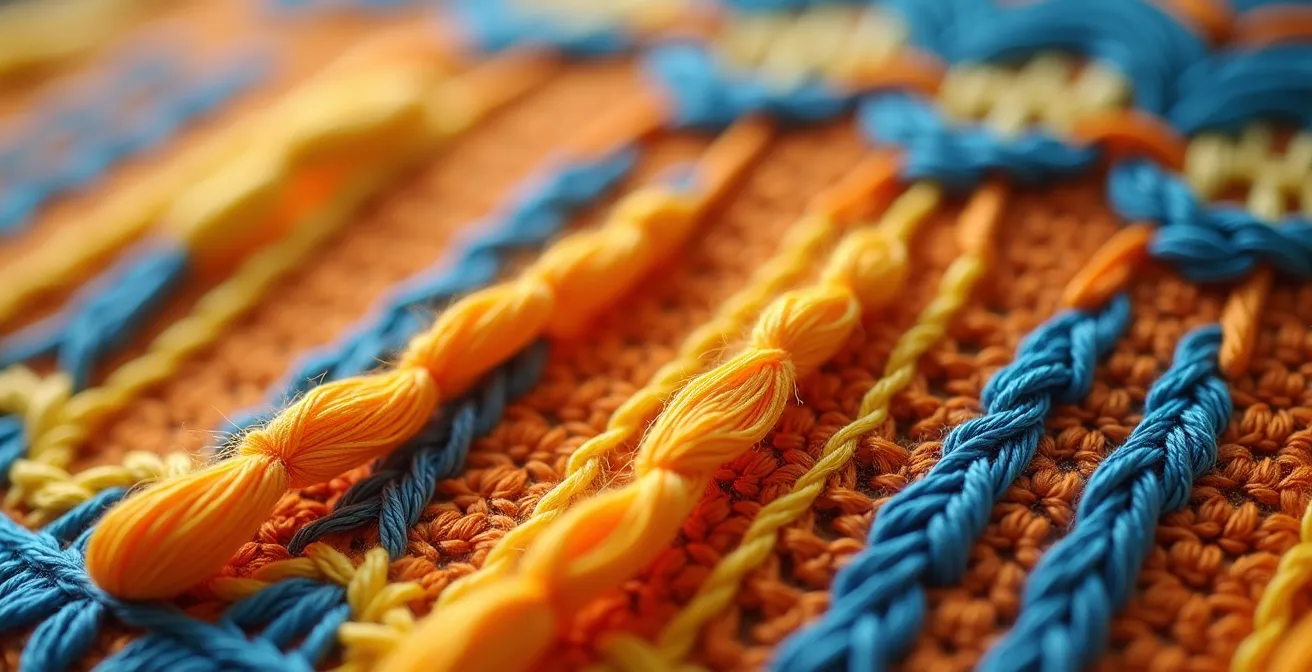 Détail macro d'une broderie bretonne contemporaine aux fils de soie multicolores