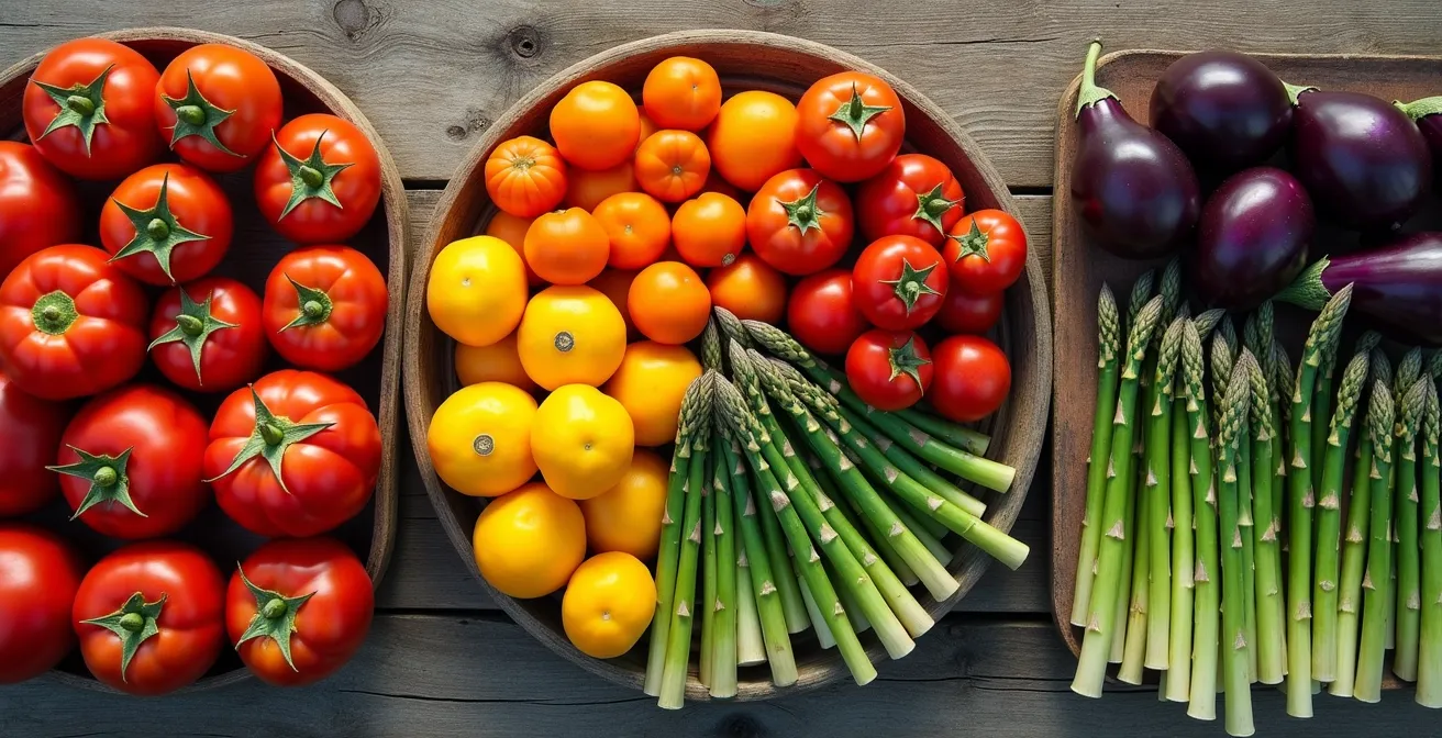 Vue aérienne d'un étal de marché avec des produits de saison disposés en cercle coloré
