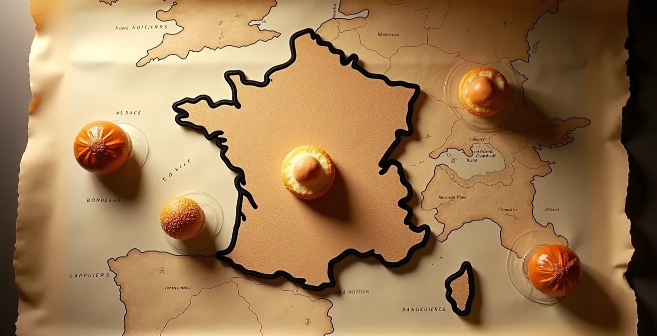 Carte stylisée de la France avec des pâtisseries régionales posées comme des monuments sur chaque région