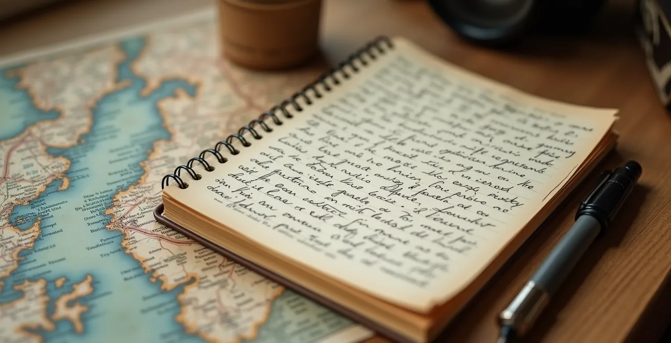 Détail macro d'un carnet de notes manuscrit avec une carte artisanale locale