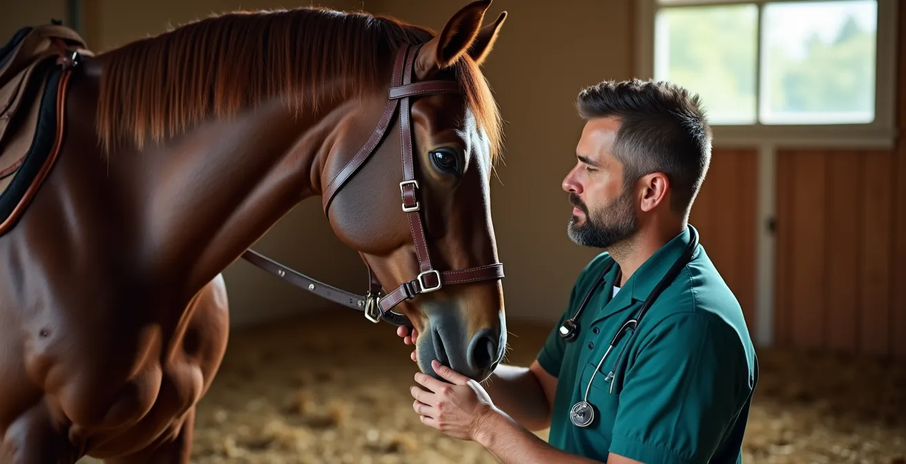 Vétérinaire examinant les membres d'un cheval lors du contrôle pré-randonnée