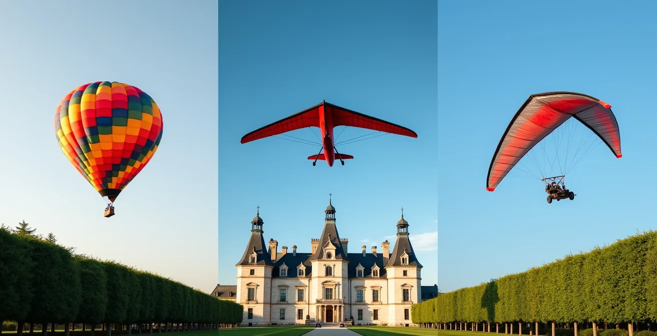 Trois aéronefs en vol simultané au-dessus d'un château de la Loire : montgolfière, ULM et parapente