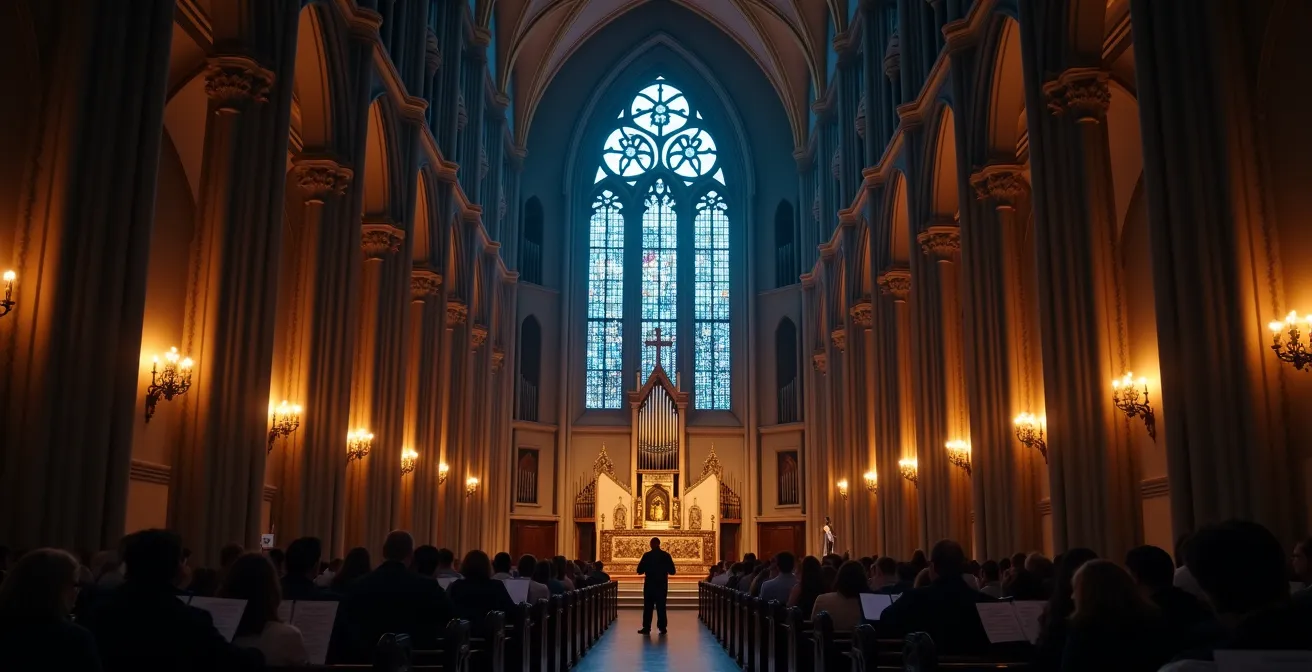 Concert nocturne dans une cathédrale gothique avec éclairage tamisé sur les voûtes en ogive