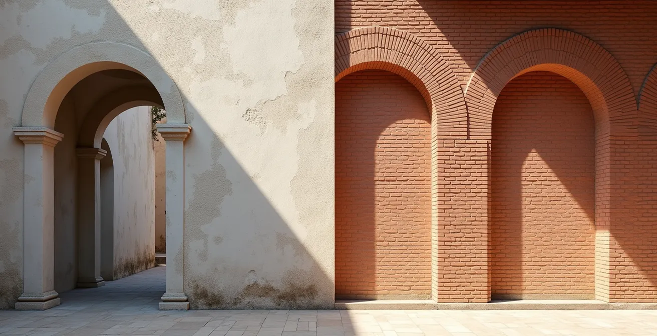 Vue comparative montrant la pierre brute de Montségur face à la brique rouge d'Albi