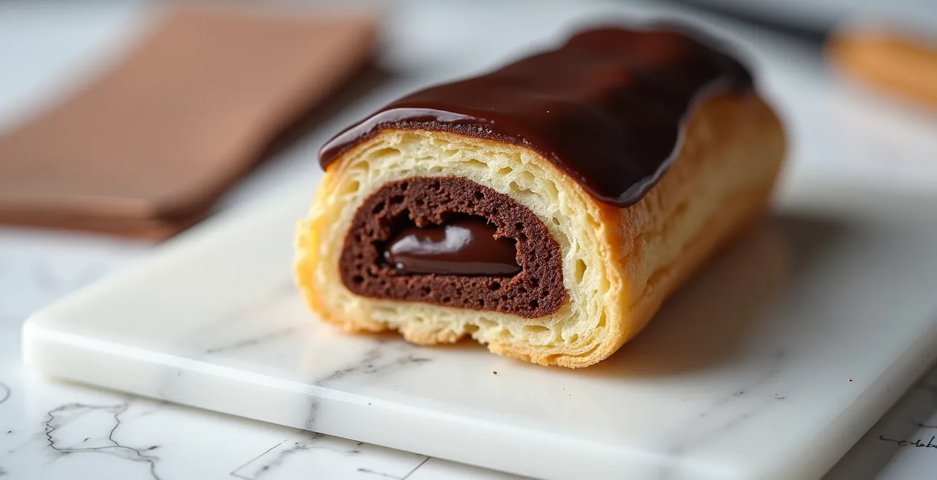 Vue en coupe d'un éclair au chocolat montrant les différentes couches et textures pour l'analyse technique