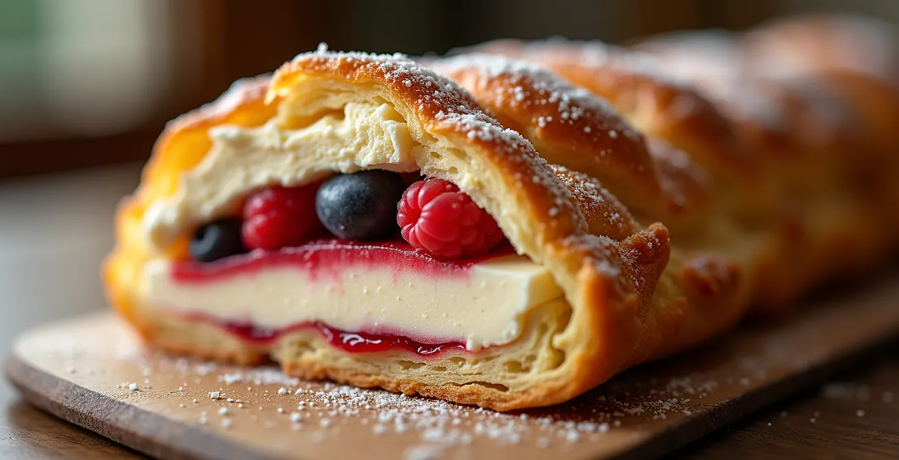 Macro détaillée d'une pâtisserie française avec ses différentes couches et textures visibles