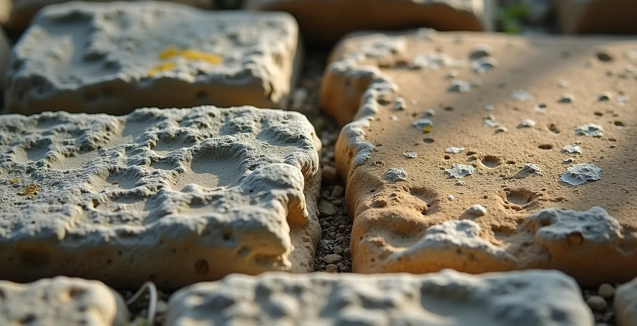 Gros plan sur les détails d'une façade ancienne montrant différentes époques de construction