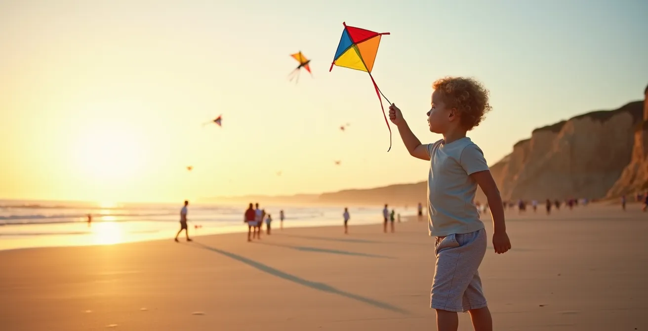 Enfant contemplant paisiblement la plage du Débarquement avec cerfs-volants colorés dans le ciel