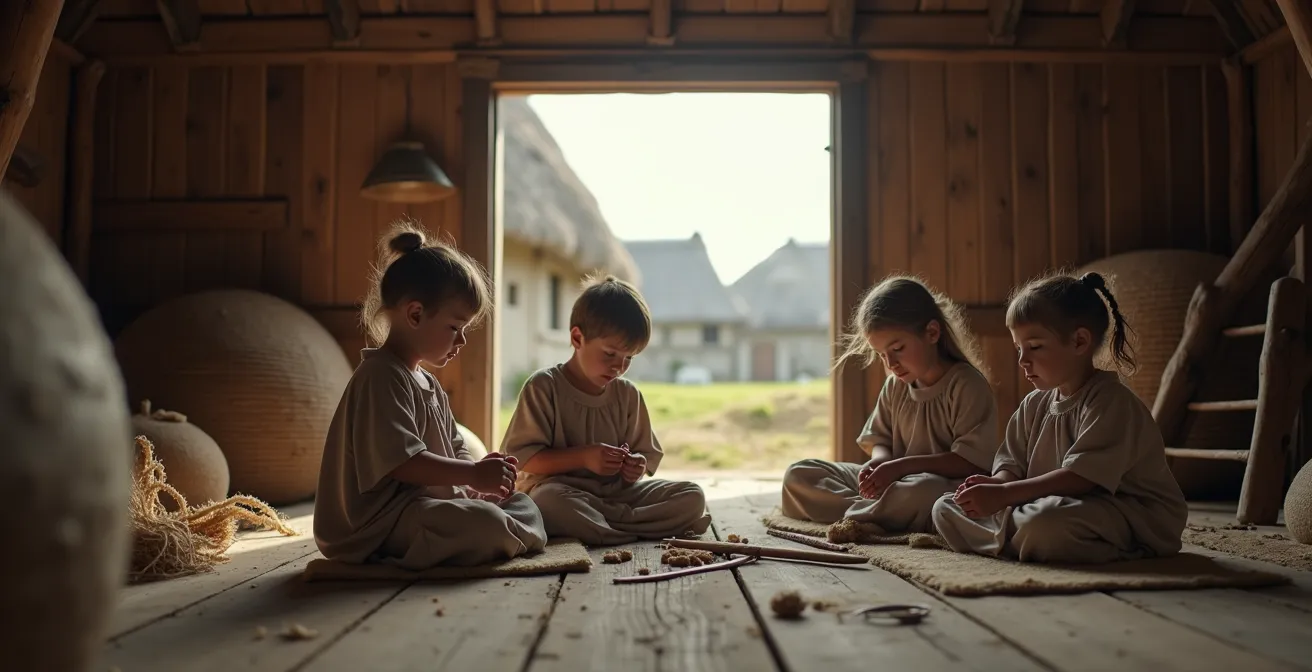 Enfants en costumes vikings jouant dans une reconstitution de village normand