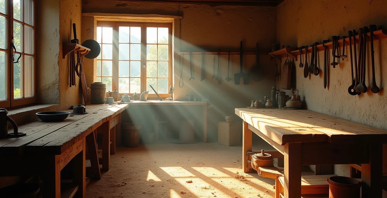 Vue large d'un atelier d'artisan dans un village français avec outils traditionnels