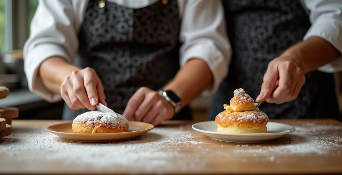 Juxtaposition visuelle montrant l'évolution d'une pâtisserie traditionnelle vers sa version moderne