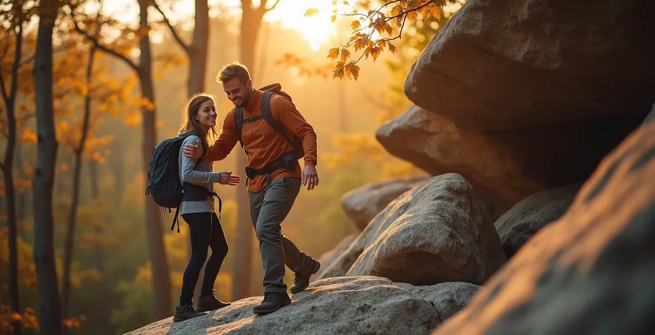 Randonneurs escaladant les rochers emblématiques de la forêt de Fontainebleau baignés par une lumière dorée d'automne