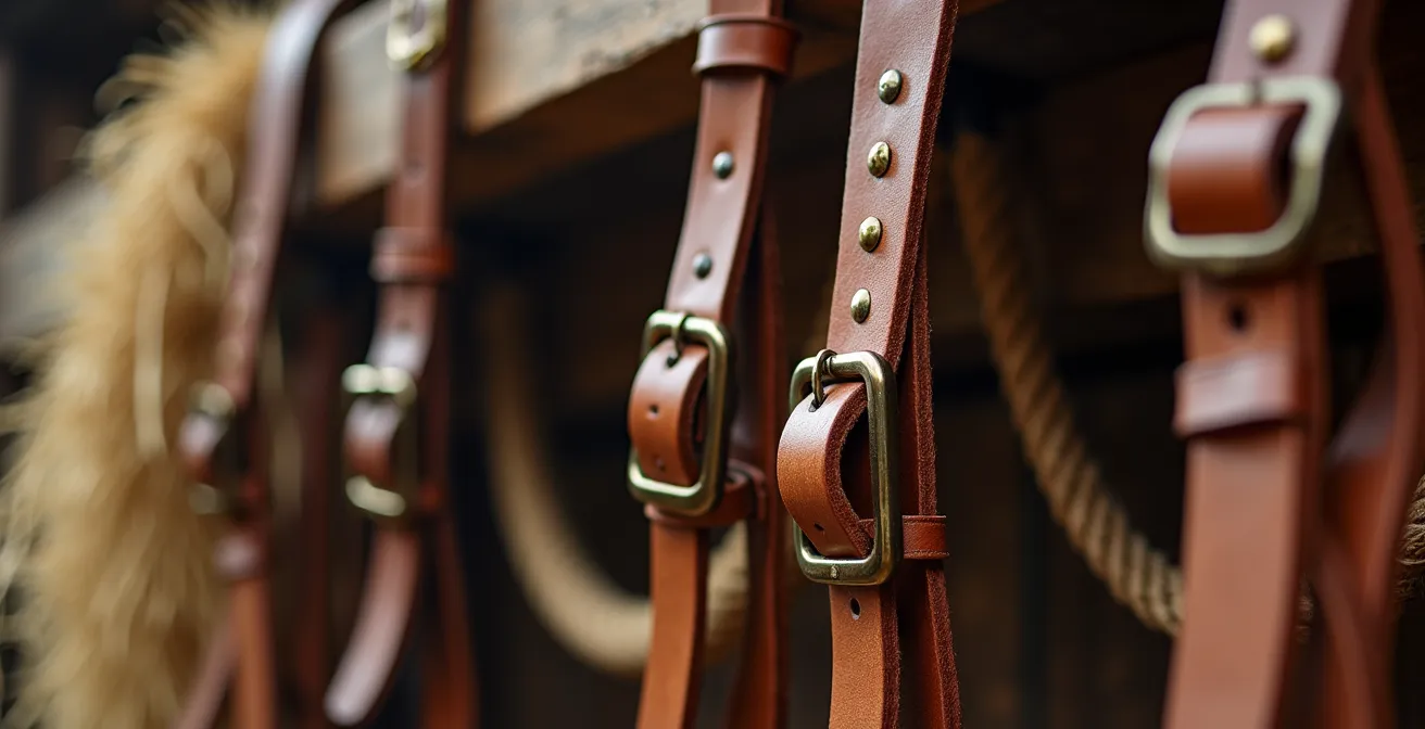 Vue macro détaillée d'équipements équestres professionnels dans un gîte spécialisé