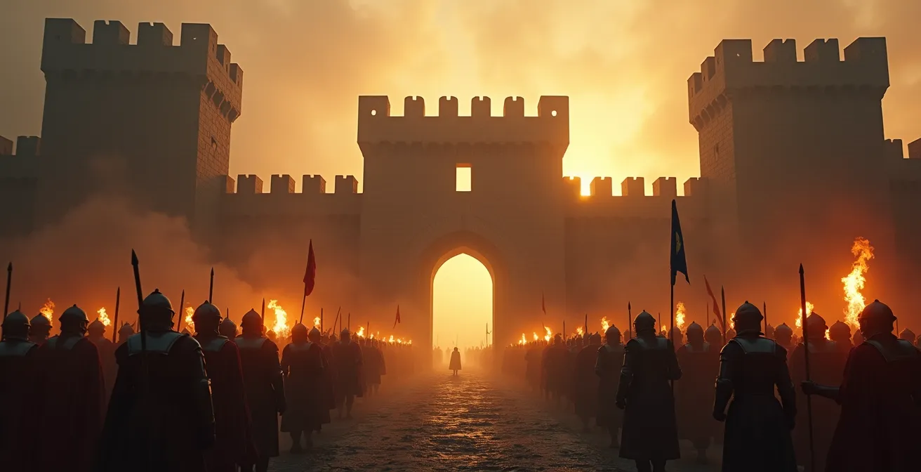 Scène de siège médiéval avec soldats en armure devant une forteresse gothique, atmosphère de tension et de conflit