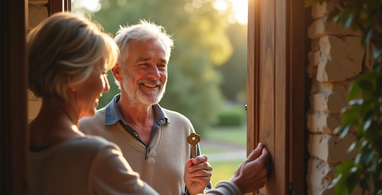 Hôte accueillant des voyageurs dans l'entrée d'une maison d'hôtes française