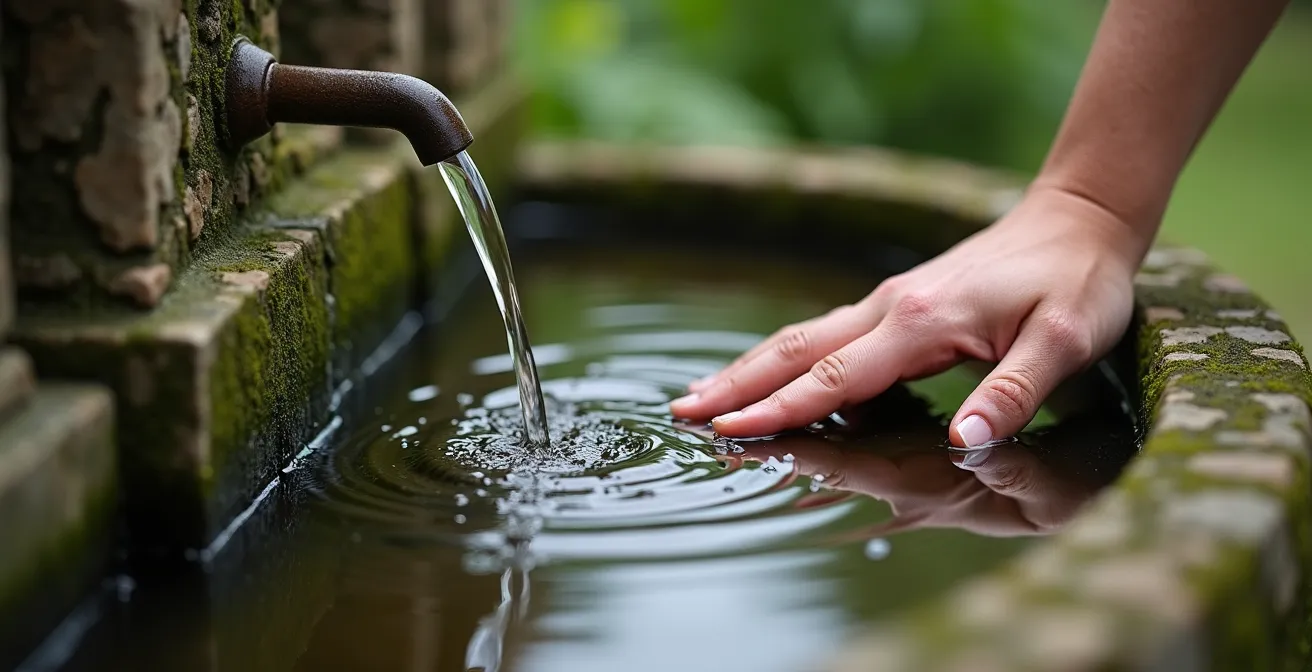 Gros plan sur une main effleurant la surface de l'eau d'une fontaine ancienne entourée de mousse
