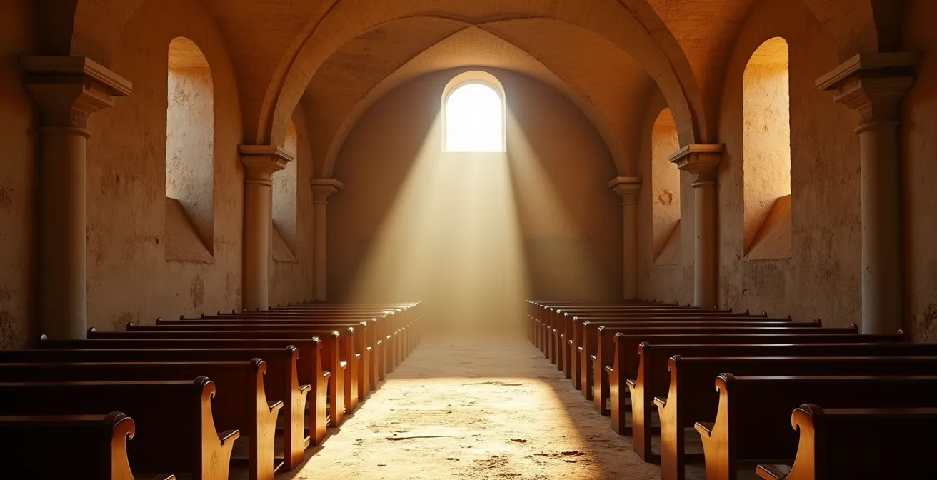 Intérieur d'une église romane corse baignée de lumière naturelle, montrant l'architecture acoustique propice aux polyphonies