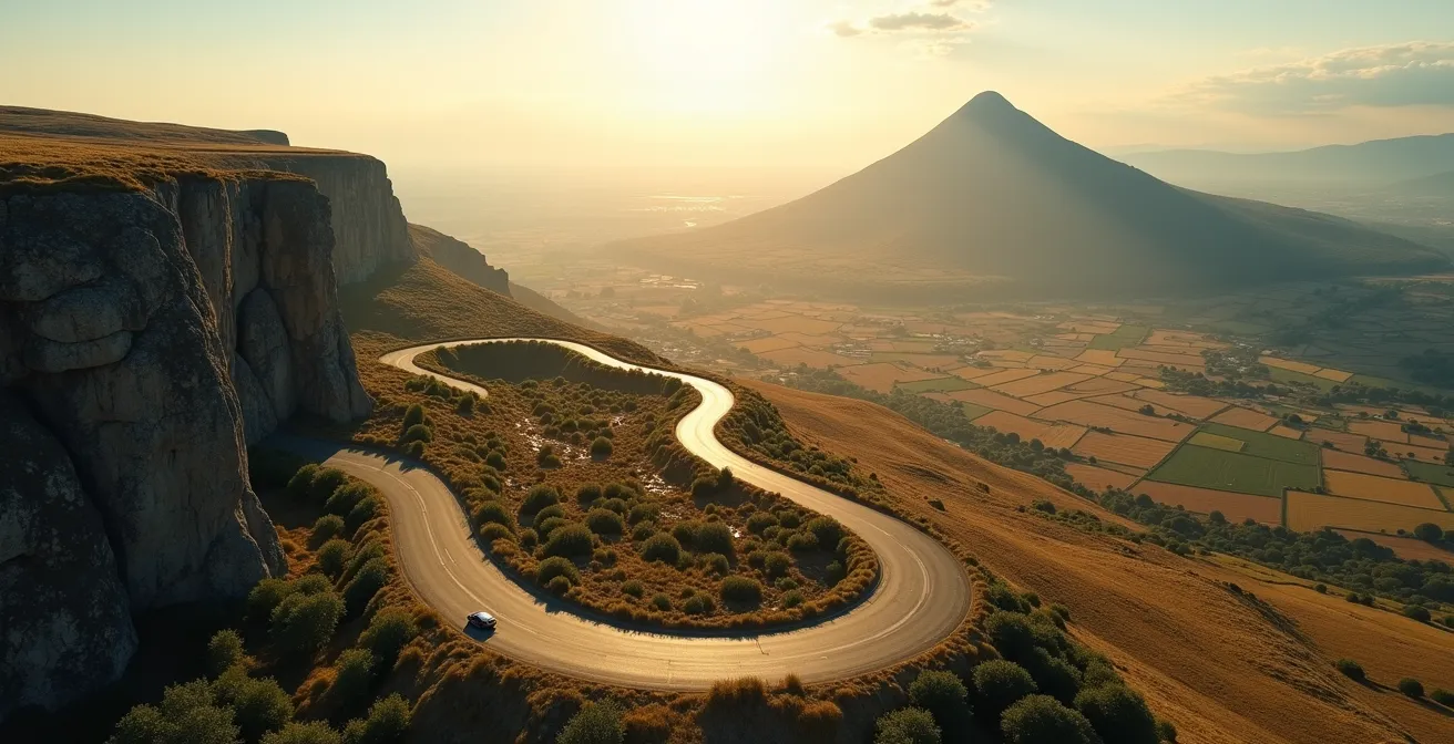 Vue aérienne de l'itinéraire symbolique traversant la faille de Limagne, du plateau de Gergovie au Puy de Dôme