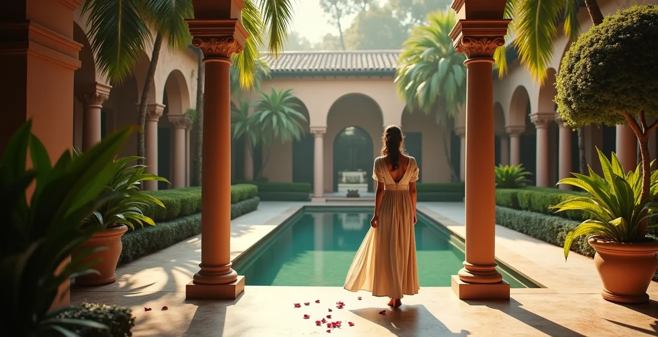 Vue intime d'un jardin thématique méditerranéen avec colonnes roses et bassins reflétant le ciel